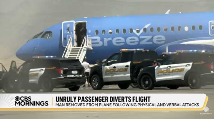 Unruly airline passenger being removed from plane